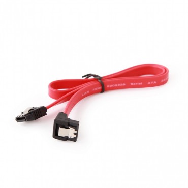Serial ATA III 10cm data cable with 90 degree bent connector, metal clips