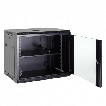 Rack cabinet for wall - Up to 12U rack of 19" - Up to 60 kg load - With ventilation and cable passage - 2 fans and tray included - Aluminum strip of 6 jacks