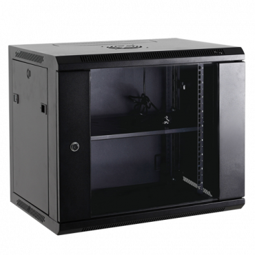 Rack cabinet for wall - Up to 12U rack of 19" - Up to 60 kg load - With ventilation and cable passage - 2 fans and tray included - Aluminum strip of 6 jacks