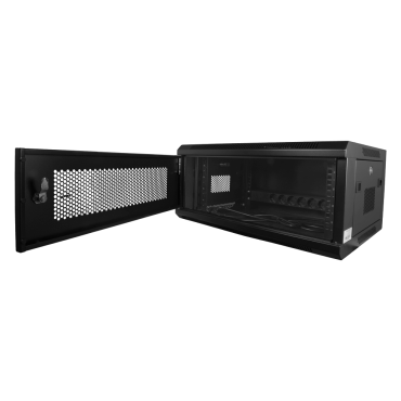 Rack cabinet for wall - Up to 6U rack of 19" - Up to 60 kg load - Mesh panels on front and sides for ventilation - Wiring access - Multiple connector of 6 power points included