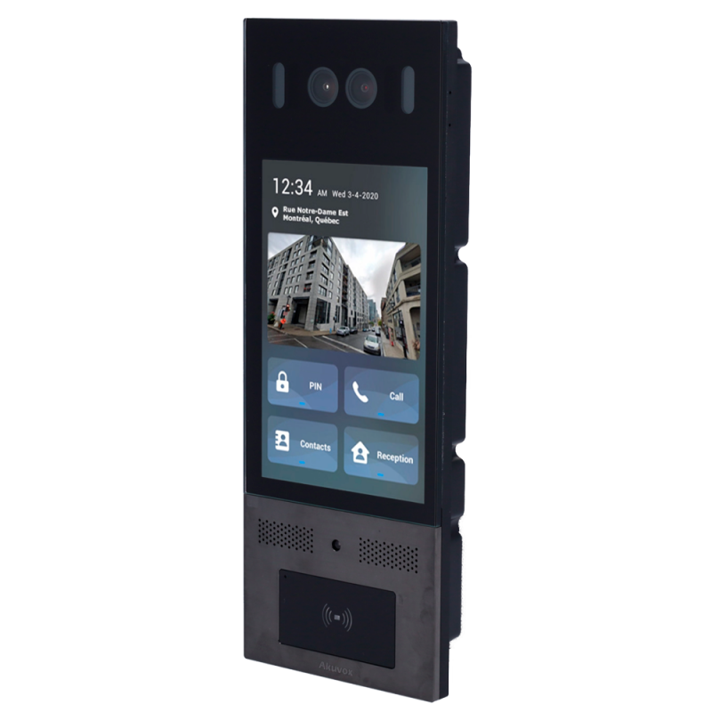 Surface-mounted IK10 vandal-resistant IP video door entry system - Double camera 2 Mpx | Crystal clear two-way audio - Facial, MF and EM card, PIN, BLE and QR | 3 relays - Multiple Apartments | TCP/IP, PoE+, SIP Standard - 8" IPS Screen