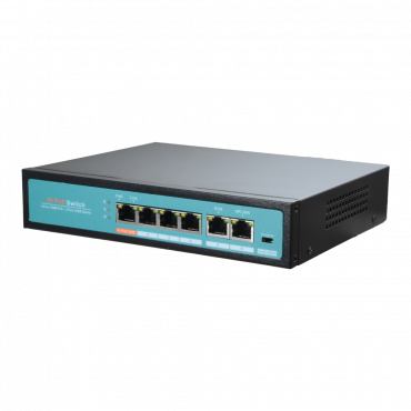 PoE Switch - 4 PoE-poorten + 2 Uplink - Poortsnelheid 10/100 Mbps - Poort 65W 1 / poorten 30W 2-4 / maximaal 65W - CCTV-modus tot 250m bij 10Mbps - Hi-PoE / IEEE802.3at (PoE+) / af (PoE)