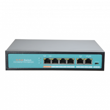 PoE Switch - 4 PoE-poorten + 2 Uplink - Poortsnelheid 10/100 Mbps - Poort 65W 1 / poorten 30W 2-4 / maximaal 65W - CCTV-modus tot 250m bij 10Mbps - Hi-PoE / IEEE802.3at (PoE+) / af (PoE)