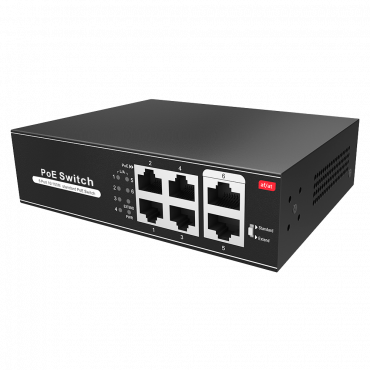 PoE Switch - 4 PoE port(s) + 2 Up-link port(s) - Speed up to 100 Mbps on all ports - Up to 60W in total for all ports - Bandwidth 1.2 Gbps - Standard IEEE802.3af (PoE) / at (PoE+)