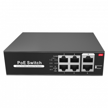 PoE Switch - 4 PoE port(s) + 2 Up-link port(s) - Speed up to 100 Mbps on all ports - Up to 60W in total for all ports - Bandwidth 1.2 Gbps - Standard IEEE802.3af (PoE) / at (PoE+)