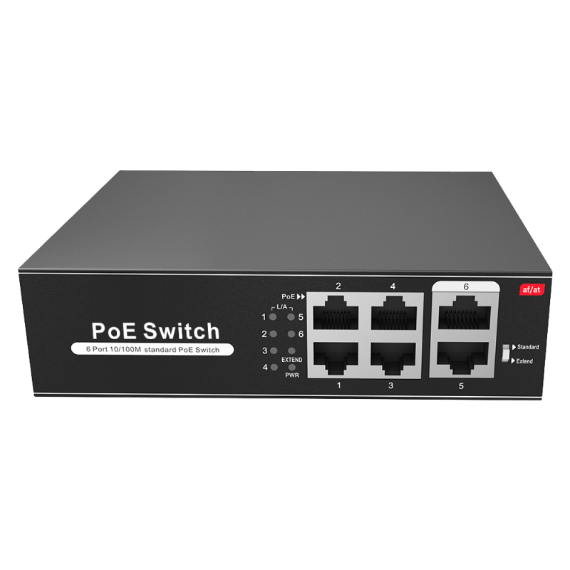 SW0604POE-65-E: PoE Switch - 4 PoE port(s) + 2 Up-link port(s) - Speed up to 100 Mbps on all ports - Up to 60W in total for all ports - Bandwidth 1.2 Gbps - Standard IEEE802.3af (PoE) / at (PoE+)