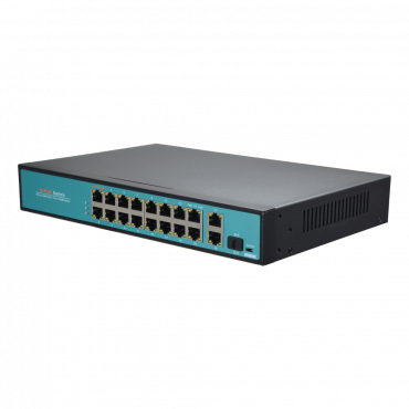 PoE-switch - 16 PoE-poorten + 2 GIGA Uplink + 1 SFP - Poortsnelheid 10/100 Mbps - Poort 65W 1 / poorten 30W 2-16 / maximaal 300W - CCTV-modus tot 250m bij 10Mbps - Hi-PoE / IEEE802.3at (PoE+) / af (PoE)