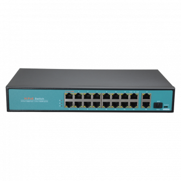 PoE-switch - 16 PoE-poorten + 2 GIGA Uplink + 1 SFP - Poortsnelheid 10/100 Mbps - Poort 65W 1 / poorten 30W 2-16 / maximaal 300W - CCTV-modus tot 250m bij 10Mbps - Hi-PoE / IEEE802.3at (PoE+) / af (PoE)