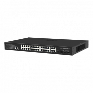 Adjustable PoE Switch - 24 PoE ports + 4 Gigabit Combo + 4 SFP Combo - Speed 10/100/1000Mbps - 30W per port / Total maximum 300W - Can be managed - Standard IEEE802.3af (PoE) / at (PoE+)