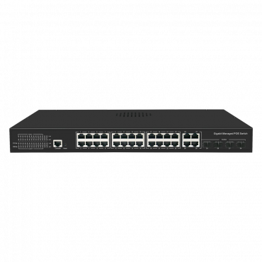 Adjustable PoE Switch - 24 PoE ports + 4 Gigabit Combo + 4 SFP Combo - Speed 10/100/1000Mbps - 30W per port / Total maximum 300W - Can be managed - Standard IEEE802.3af (PoE) / at (PoE+)