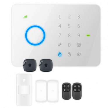 Domestic alarm kit - Touch panel with GSM module - Sending alerts by SMS and phonecall - Volumetric PIR Detector - 2 Magnetic door/window contacts - Includes 2 remote controls and 2 RFID cards