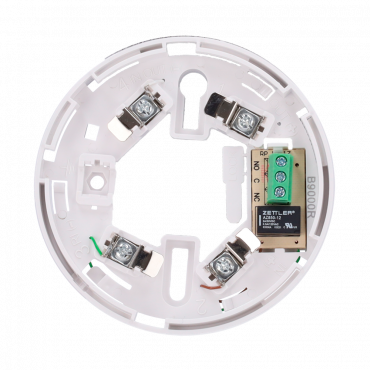 Low Profile Base with Relay - Up to 12VDC 0.5A / Terminal NO/NC/C - Compatible with V2 detectors and high base - Required for detector installation - easy mounting mark - Possibility to lock the detector to the base