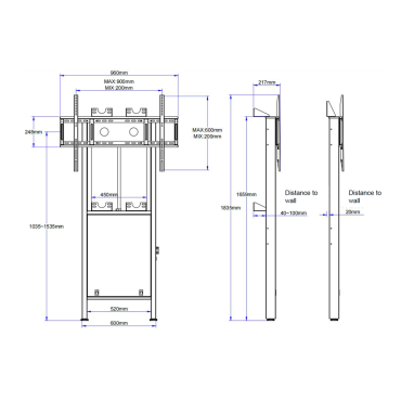 Motorized floor and wall mount | Adjustable height | Up to 86" | Max weight 100Kg | VESA max 900 x 600mm