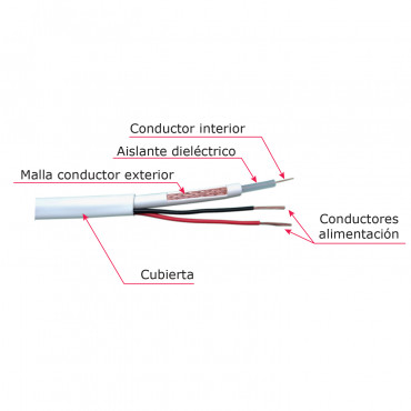 Bobbin of cable - 100 m - Combined: RG59 and 2 power supply cables - White colour cover - Exterior diameter 9.0 mm - Low loss