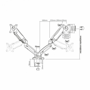 Bracket for LCD monitor - Installation on table - Tilt -45º ~ +90º Rotation 180º Turning 360º - Adjustable in height between 160 mm and 410 mm - Maximum load 6,5 Kg/arm - Screens 13"~27"