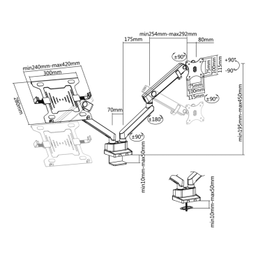 Support for laptop and monitor /TV - Installation on table - Tilt ,Rotation, Rotation between -90º ~ +90º - VESA compatible with 75×75, 100x100mm - Maximum load 8 Kg - Screens 17"~32"