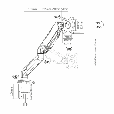 Bracket for LCD monitor - Installation on table - Tilt -45º ~ +90º Rotation 180º Turning 360º - Adjustable in height between 160 mm and 410 mm - Maximum load 6,5 Kg/arm - Screens 13"~27"