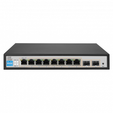 PoE Switch - 8 Gigabit PoE ports + 2 Gigabit SFP - 30W per port / Total maximum 250W - 1 Hi-PoE port up to 46W - VLAN/Port Isolation/STP/RSTP/RSTP/MSTP/ACL/QoS - LACP/DHCP Snoop/IGMP Snoop/Port Mirror