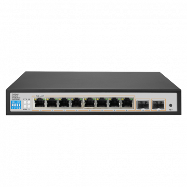 PoE-switch - 8 Gigabit PoE-poorten + 2 Gigabit SFP - 30W per poort / Totaal maximaal 250W - 1 Hi-PoE-poort tot 46W - VLAN/Poortisolatie/STP/RSTP/RSTP/MSTP/ACL/QoS - LACP/DHCP Snoop /IGMP Snoop/Port Mirror