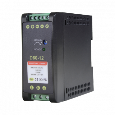 Switching Power Supply - DC Output 12V 5A / 60W - 2 outputs - Input voltage 90 V ~ 264 V - 100 (D) x 94 (H) x 40 (W) mm - DIN rail mount
