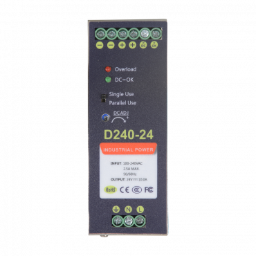 Schakelende voeding - DC-uitgang 24 V 10 A / 240 W - 2 uitgangen - Ingangsspanning 90 V ~ 264 V - 100 (D) x 94 (H) x 40 (B) mm - DIN-railmontage