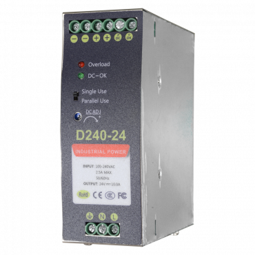 Switching Power Supply - DC Output 24V 10A / 240W - 2 outputs - Input voltage 90 V ~ 264 V - 100 (D) x 94 (H) x 40 (W) mm - DIN rail mount