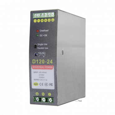 Switching Power Supply - DC Output 24V 5A / 120W - 2 outputs - Input voltage 90 V ~ 264 V - 100 (D) x 94 (H) x 40 (W) mm - DIN rail mount