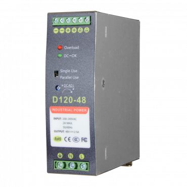 Switching Power Supply - DC Output 48V 2.5A / 120W - 2 outputs - Input voltage 90 V ~ 264 V - 134 (D) x 124 (H) x 41 (W) mm - DIN rail mount