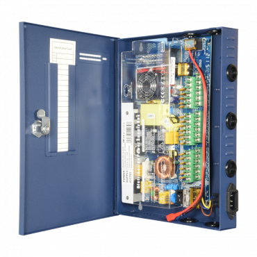 Slim power distribution box - 1 AC input 220 V 5OHz - 18 outputs - Resettable fuse protection - Output voltage 12 V / 250 W - Metal housing