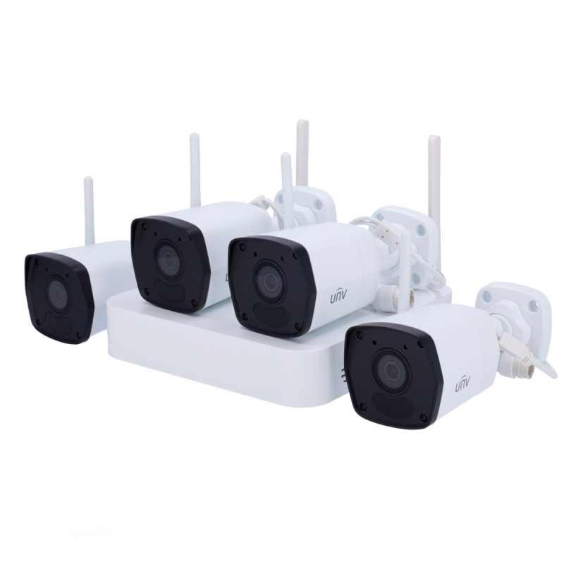 Uniview Video Surveillance Kit - Ethernet and Wi-Fi connection - NVR 4 IP channels - 4 IP67 bullet cameras - Plug&Play | Wi-Fi Waterfall - WEB interface, CMS, Smartphone and NVR