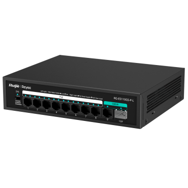 Reyee Desktop PoE Switch - 8 RJ45 Ports + 1 RJ45 Uplink + 1 SFP Uplink - 8 Gigabit Ports + 2 Gigabit Ports - 8 PoE+ Ports 802.3af/at | Total power 120W - Isolated Ports / Flow Control / PoE Watchdog - Includes Rack Anchors