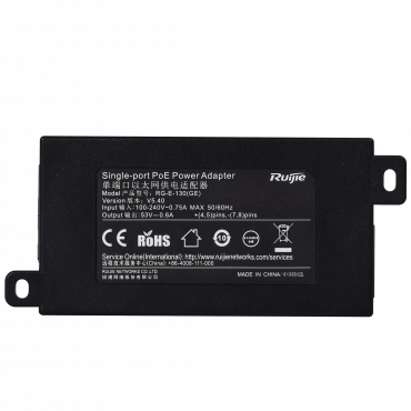 Ruijie - IEEE802.3af PoE Injector - 10/100/1000Mbps RJ45 ports - Power 30W - Maximum distance 100m - Compact Design