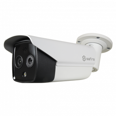 Dual IP Bullet Safire Thermische Camera - 256x192 VOx | 9,7 mm lens - optische sensor 1/2,7 inch 4 MP | Lens 8mm - Thermische gevoeligheid ≤ 40mK - Branddetectie en alarm - Temperatuurmeetbereik -20~150ºC / ± 8ºC