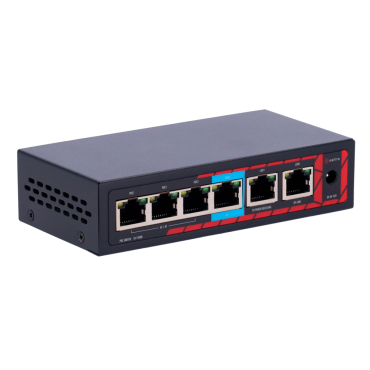 Safire Indoor POE extender Switch | Uitgebreid POE-bereik | 4 PoE-poort(en) + 2 Uplink-poort(en) | IEEE 802.3 af/at/bt | Maximaal uitgangsvermogen 60 W | 10/100 Mbps-poorten