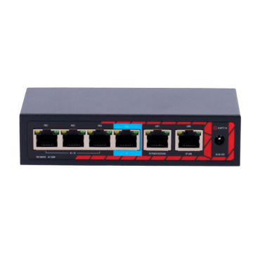 Safire Indoor POE extender Switch | Uitgebreid POE-bereik | 4 PoE-poort(en) + 2 Uplink-poort(en) | IEEE 802.3 af/at/bt | Maximaal uitgangsvermogen 60 W | 10/100 Mbps-poorten