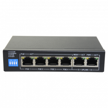 Switch PoE - 4 PoE-poort (en) + 2 Up-link-poort (en) - Snelheid tot 100 Mbps op alle poorten - Tot 30 W in totaal voor alle poorten - Bandbreedte 1,2 Gbps - Norm IEEE802. 3at (PoE) / af (PoE +)