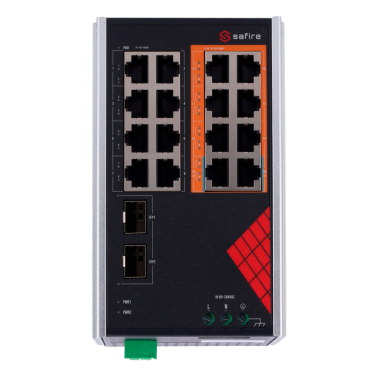 Safire Industriële Switch AC 90~264V | 16 Gigabit-poorten + 2 Gigabit SFP's | 6 PoE+ 30W-poorten + 2 Hi-PoE 60W-poorten | PoE-watchdog | Tot 130 W totaal PoE-vermogen | Installatie op DIN-rail