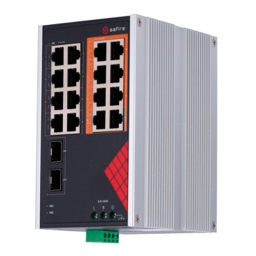 Safire Industrial Switch AC Power 90~264V | 16 Gigabit ports + 2 Gigabit SFPs | 6 PoE+ 30W Ports + 2 Hi-PoE 60W Ports | PoE Watchdog | Up to 130W total PoE power | DIN rail installation