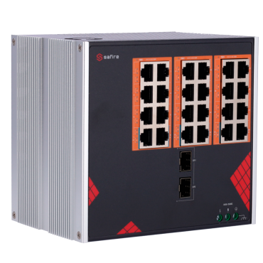 Safire Industrial Switch  | AC Power 90~264V | 24 Gigabit + 2 Gigabit SFP ports | 18 PoE+ Ports 30W + 6 Hi-PoE Ports 60W | PoE Watchdog | Up to 390W Total PoE Power | DIN rail installation