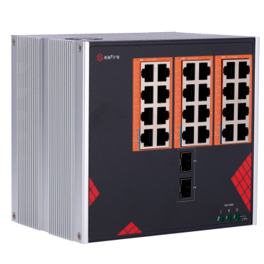 Safire Industriële Switch | Wisselstroom 90~264V | 24 Gigabit + 2 Gigabit SFP-poorten | 18 PoE+-poorten 30 W + 6 Hi-PoE-poorten 60 W | PoE-watchdog | Tot 390 W totaal PoE-vermogen | Installatie op DIN-rail