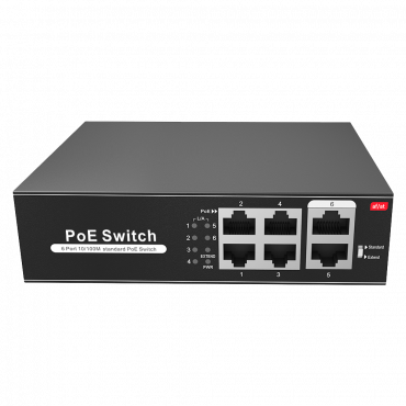 PoE-switch - 4 PoE-poort(en) + 2 Up-link-poort(en) - Snelheid tot 100 Mbps op alle poorten - Tot 60 W in totaal voor alle poorten - Bandbreedte 1,2 Gbps - Standaard IEEE802. 3af (PoE) / bij (PoE+)