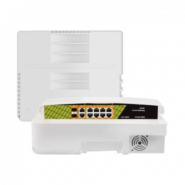 Outdoor PoE switch - 8 PoE ports + 2 Uplink RJ45 + 2 SFP - Gigabit Speed (8 PoE + 2 Uplink + SFP) - Up to 60 W in total for all ports - Norm IEEE802.3at PoE+ / af PoE / bt Hi-PoE - Lightning protection 6KV, ESD 8KV