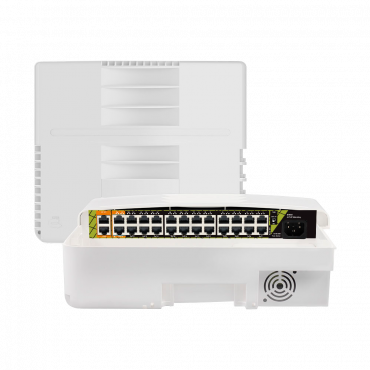 Outdoor PoE switch - 22 PoE+ ports - 2 RJ45 Hi-PoE - 2 RJ45 Uplink - 22 ports 10/100 Mbps - 4 ports Gigabit - Up to 300 W in total for all ports - Norm IEEE802.3at PoE+ / af PoE / bt Hi-PoE - Lightning Protection...