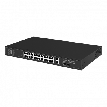 PoE-switch - 24 PoE-poorten + 2 Gigabit-poorten + 2 SFP-combo - Snelheid 10/100 Mbps - Tot 300 W in totaal - Bereik tot 250 m (poorten 3-24) - Norm IEEE802.3at PoE / af PoE+ / bt Hi-PoE