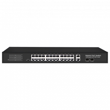 PoE Switch - 24 PoE ports + 2 Gigabit Port + 2 SFP Combo - Speed 10/100Mbps - Up to 300 W in total - Range up to 250m (Ports 3-24) - Norm IEEE802.3at PoE / af PoE+ / bt Hi-PoE