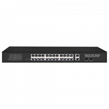 PoE-switch - 24 PoE-poorten + 2 Gigabit-poorten + 2 SFP-combo - Snelheid 10/100 Mbps - Tot 300 W in totaal - Bereik tot 250 m (poorten 3-24) - Norm IEEE802.3at PoE / af PoE+ / bt Hi-PoE