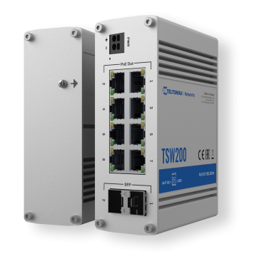 Teltonika Industrial Onbeheersbare PoE industriële switch | 8 Ethernet RJ45 Gigabit + 2 SFP Gigabit-poorten | 8 Ethernet PoE+-poorten 802.3af/at | Tot 30 W per PoE-poort | Tot 240 W PoE-vermogen | Robuuste aluminium behuizing