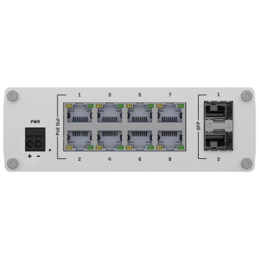 Teltonika Industrial Onbeheersbare PoE industriële switch | 8 Ethernet RJ45 Gigabit + 2 SFP Gigabit-poorten | 8 Ethernet PoE+-poorten 802.3af/at | Tot 30 W per PoE-poort | Tot 240 W PoE-vermogen | Robuuste aluminium behuizing