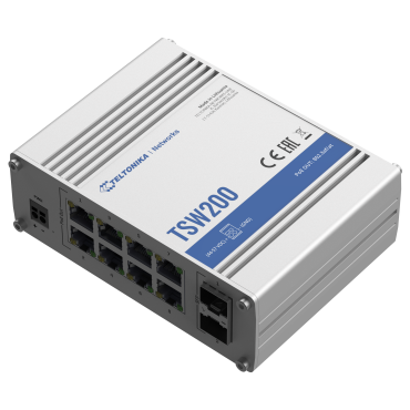 Teltonika Industrial Onbeheersbare PoE industriële switch | 8 Ethernet RJ45 Gigabit + 2 SFP Gigabit-poorten | 8 Ethernet PoE+-poorten 802.3af/at | Tot 30 W per PoE-poort | Tot 240 W PoE-vermogen | Robuuste aluminium behuizing