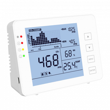 Temperatuur- en vochtigheidsmeter van CO2, - Met door de gebruiker programmeerbaar visueel en akoestisch alarm - Maximale / minimale waarde - Meetbereik van CO2 0 ~ 5000 ppm - Capaciteit om gegevens op te slaan tot 1 week